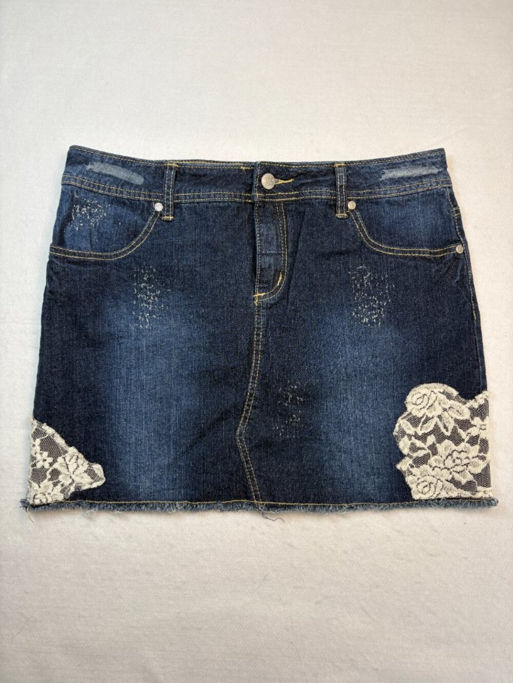 VENUS Lace Applique Denim Fray Mini Jean Skirt Coquette Fairycore Y2K Boho 8